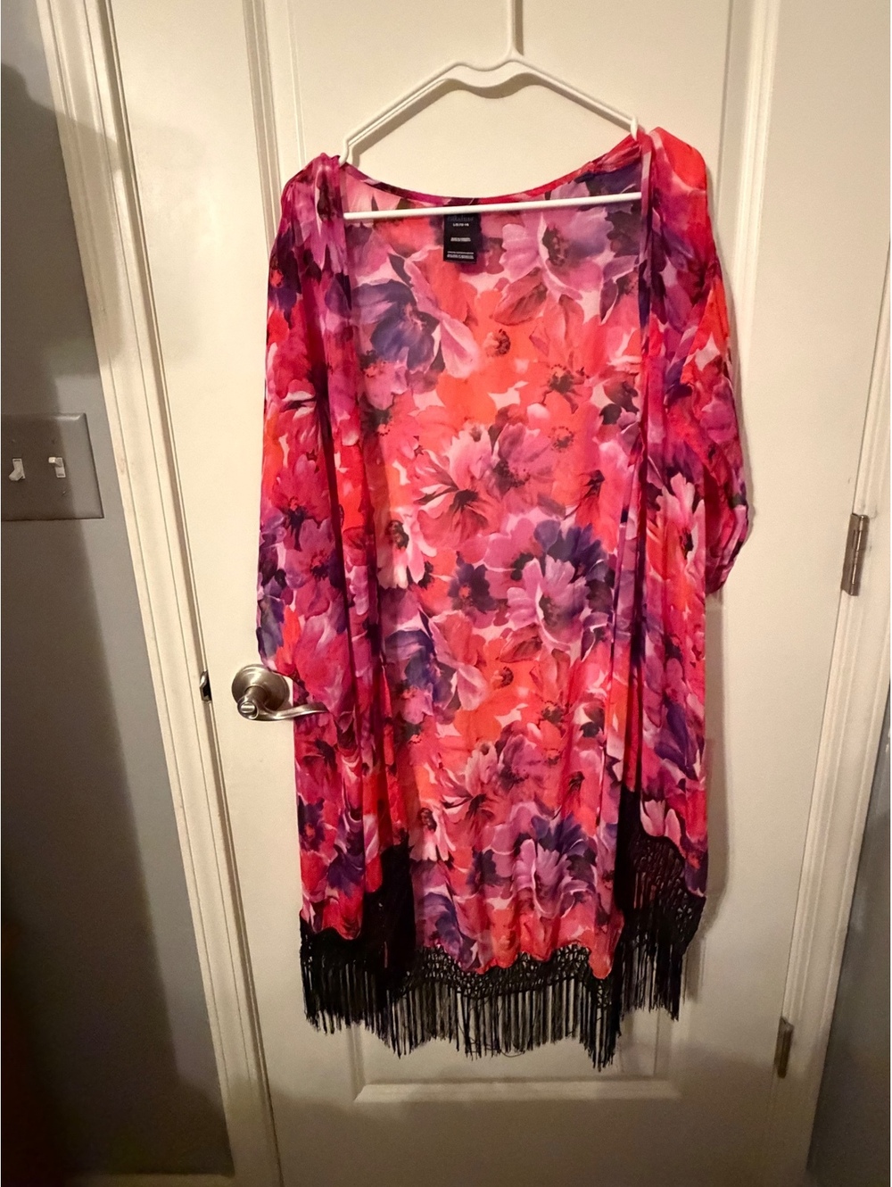 Catalina Floral Kimono with Black Fringe Trim, Size Large (12-14)